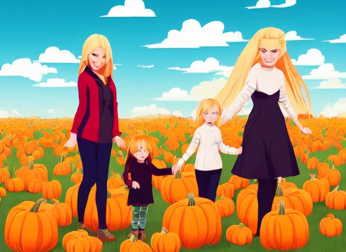 Image similar to little girl with long blonde hair and her mother visiting a pumpkin patch. clean cel shaded vector art. shutterstock. behance hd by lois van baarle, artgerm, helen huang, by makoto shinkai and ilya kuvshinov, rossdraws, illustration, art by ilya kuvshinov