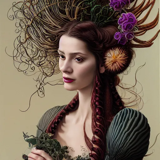 Prompt: portrait of a young attractive nerdy woman in flowing sensual dress, arrogant, long fine flowing hair, delicate, looking at camera, slightly awkward smile, realistic face, hands behind back, stylish, elegant, grimdark fantasy, flowers, extremely detailed painting inspired by Gerald Brom and Ernst Haeckel and Kaluta, studio lighting