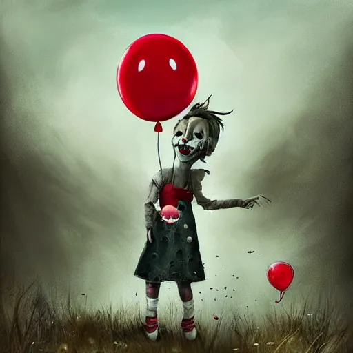 Prompt: grunge cartoon landscape painting of bilie eilish with a wide smile and a red balloon by - michal karcz, loony toons style, pennywise style, horror theme, detailed, elegant, intricate