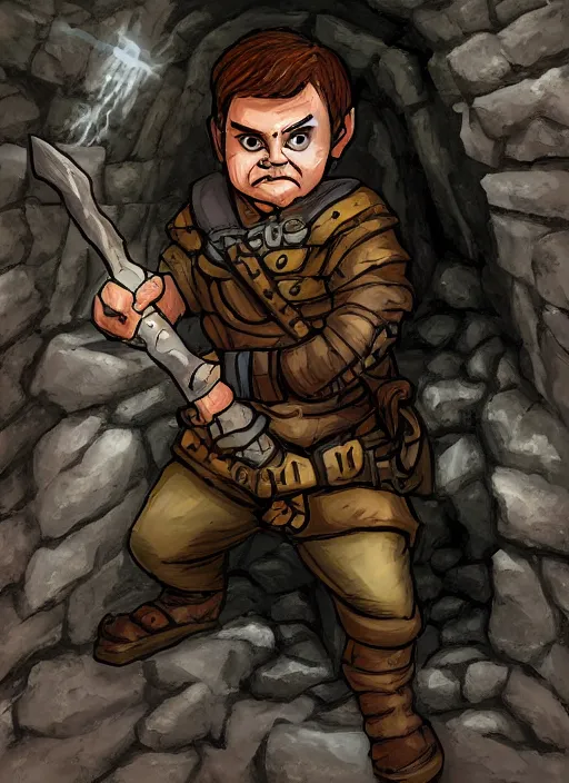 Prompt: A fantasy comic book roleplaying game style portrait painting of a halfling rogue sneaking in a cavern, DAZ, hyperrealistic, ambient light, dynamic light