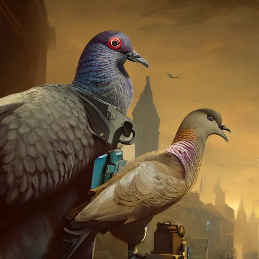 Image similar to oil painting of two pigeons holding guns, berets, medium shot, steampunk clothes, steampunk city background, sharp focus, fantasy style, octane render, volumetric lighting, 8k high definition, by greg rutkowski and james gilleard, highly detailed, trending on artStation, explosions, magic the gathering artwork, centered, 8k, hd