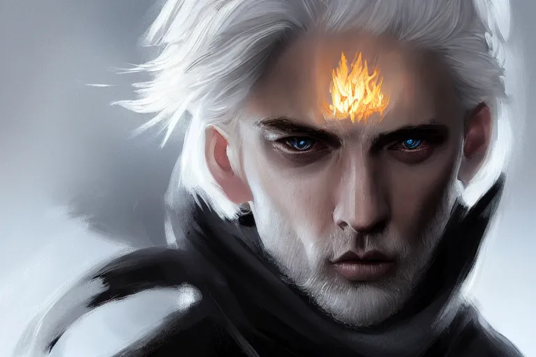 Image similar to « man, white hair, eyes as a flame of fire and out of his mouth came a sharp two - edged sword, grim - lighting, high - contrast, intricate, elegant, highly detailed, digital painting, artstation, concept art, smooth, sharp focus, illustration »