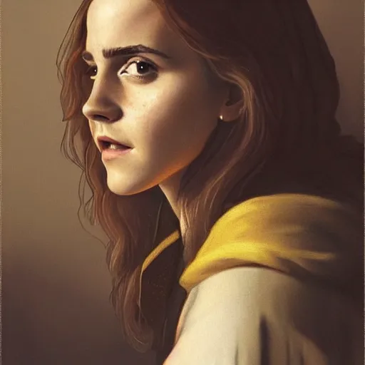 Image similar to Painting of Emma Watson as Hermione Granger. Art by Vermeer. During golden hour. Extremely detailed. Beautiful. 4K. Award winning.