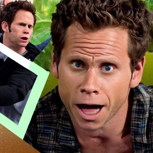 Image similar to dennis reynolds the golden god, untethered and his rage knowing no bounds