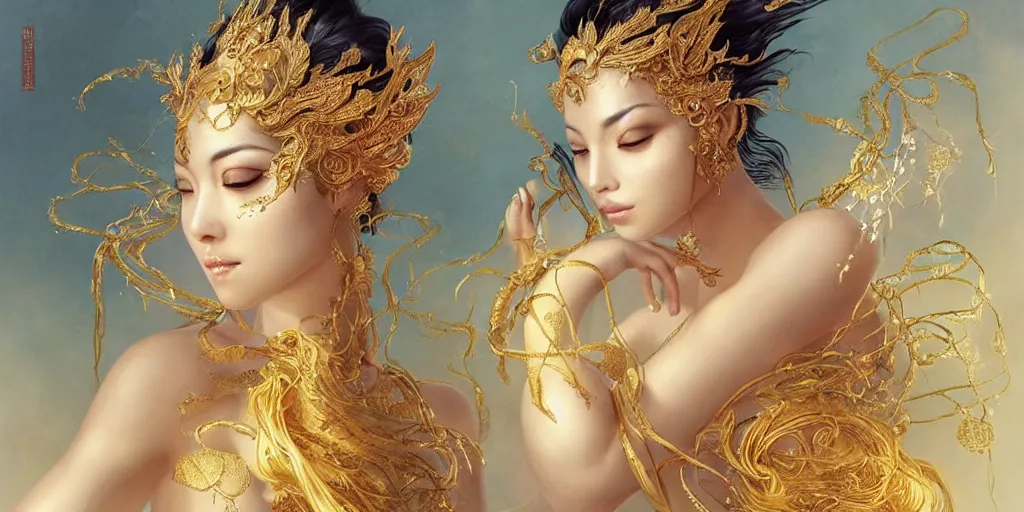 Prompt: asian nymph bald goddess, flowing golden silk twisting with whiten tattoos of cursive sigils on her opalescent skin, fantasy, intricate, very beautiful, elegant, golden light, highly detailed, art by huang guangjian and ail elvgren and sachin teng