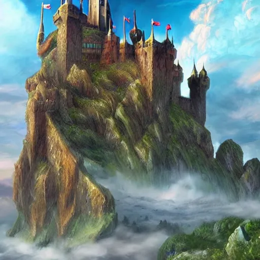 Prompt: a castle on a flying island, masterpiece, flying island in the sky, clouds background magic the gathering coloring style, epic fantasy style art, fantasy epic digital art, epic fantasy card game art