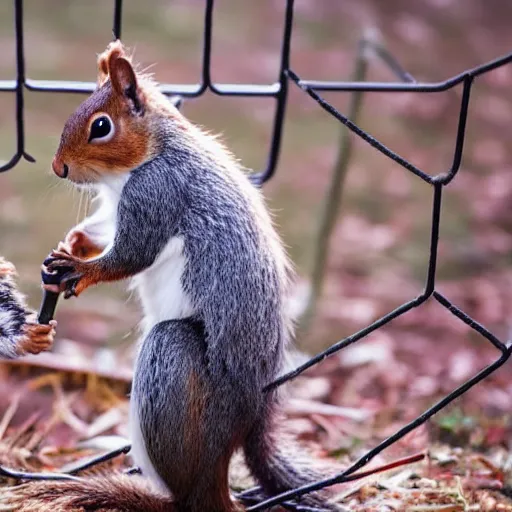 Prompt: photograph of anthropomorphic squirrel fencing, realistic, ultraHD