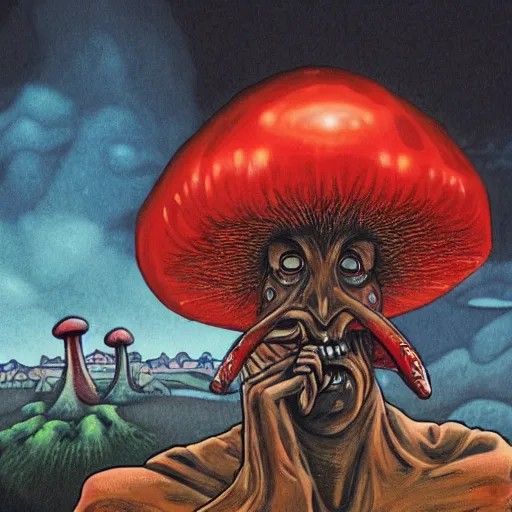 Image similar to a centered chest up portrait of a psychedelic demonic anthropomorphic mushroom - man smoking a hand - rolled cigarette smoking heavily, magic mushroom village in background. award winning. superb resolution. in the art style of junji ito and greg rutkowski. detailed mushroom city in background. hyper realistic anime. perfect art. dalle 2