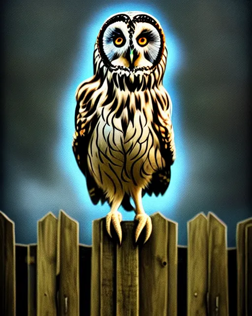 Prompt: an extremely detailed masterpiece painting of a short - eared owl on a wooden fence post, in the style of brian froud, brian despain, brian bolland, digital art, unreal engine, volumetric lighting, dark moody lighting, trending on artstation, photorealistic, epic scene