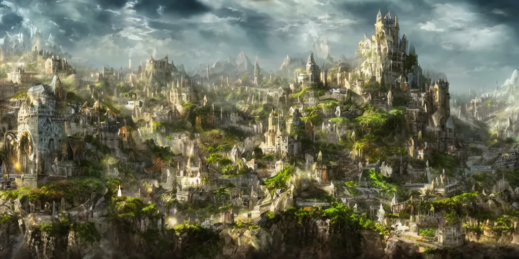 Prompt: an epic fantasy city built into the side of a mountain, white walls, white towers. farms and field at the base of the city. An ocean in the background. high fantasy detailed digital matte painting