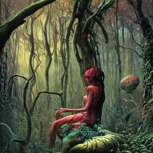 Prompt: a fairy in a forest, fluid, smooth, organic, crazy, bright, colours, tumours, high contrast, sharpness, dramatic, very detailed, intricate, by giger and corben and moebius and beksinski and bosch and bacon