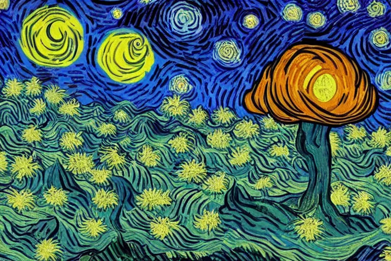 Prompt: baroque psychedelic mushroom under the moon Van Gogh style