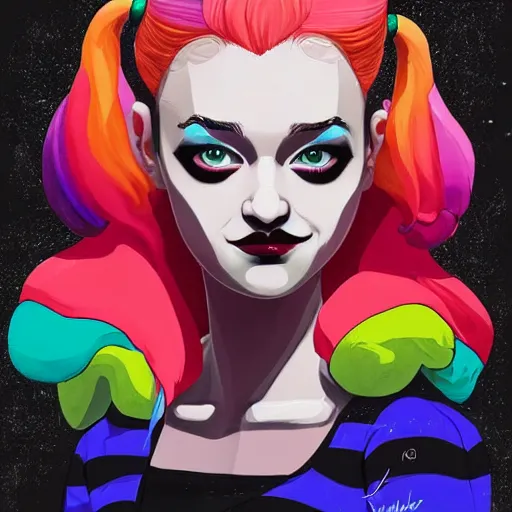 Image similar to julia garner as harley quinn as delirium of the endless, the sandman, rainbow clothes, clean cel shaded vector art. shutterstock. behance hd by lois van baarle, artgerm, helen huang, by makoto shinkai and ilya kuvshinov, rossdraws, illustration