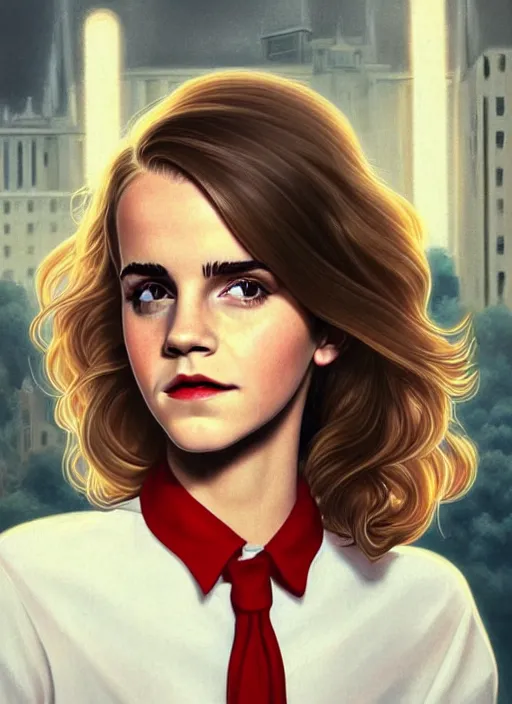 Image similar to portrait of teenage emma watson, long haircut, flowing blonde curly hair, white shirt, red tie, smiling kindly, soviet house at background, 1 9 8 0 s, intricate, elegant, glowing lights, highly detailed, digital painting, artstation, concept art, smooth, sharp focus, illustration, art by wlop, mars ravelo and greg rutkowski