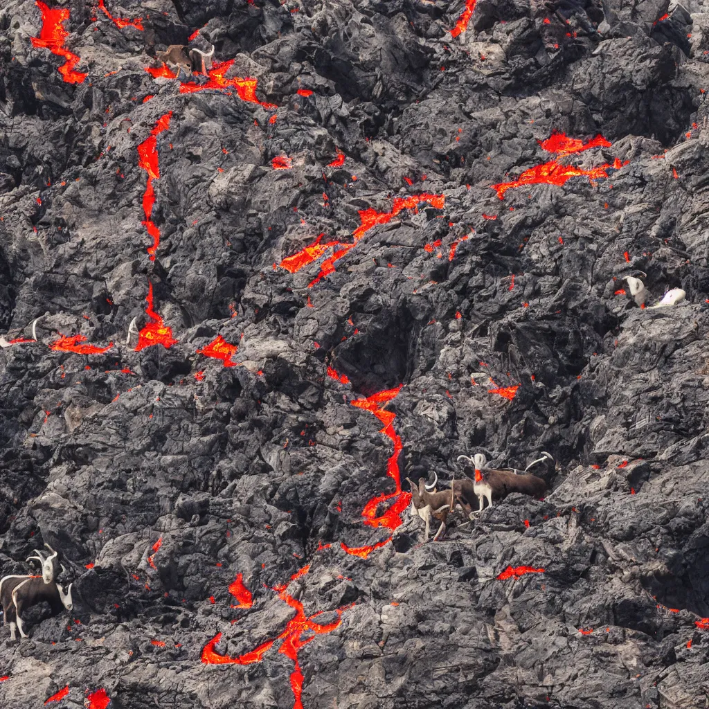 Image similar to satanic mountain goats with glowing red eyes on a sheer obsidian cliffside with lavaflow, lava waterfalls