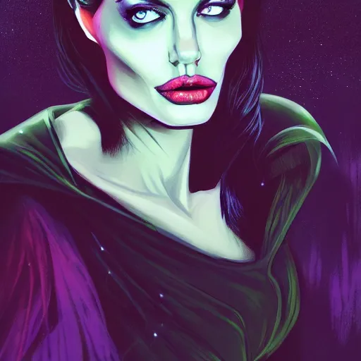 Image similar to portrait of angelina jolie as maleficent, dark forest at nighttime, background, rich vivid colors, ambient lighting, dynamic lighting, 4k, official media, anime key visual, makoto shinkai, ilya kuvshinov, lois van baarle, rossdraws, detailed, trending on artstation