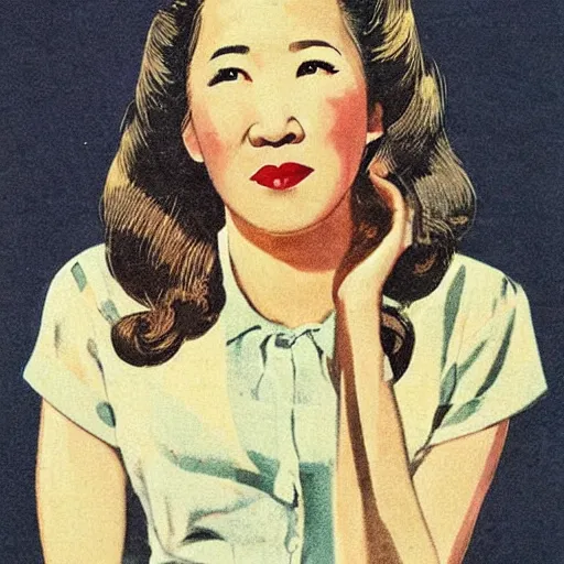 Prompt: “Sandra Oh portrait, color vintage magazine illustration 1950”