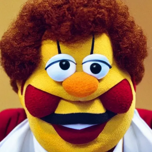 Prompt: Ronald McDonald as a muppet, testifying on trial