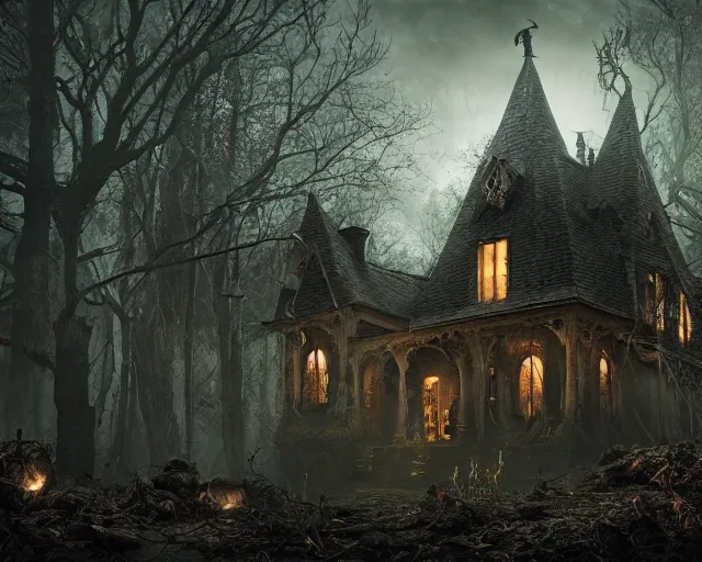 Prompt: the scariest witches house, that has giant snakes on the roof, in a scary dark forest, epic scene, dark, scary, horror, frightening, fantasy, cinematic, redshift render, cgi, hyper - detailed, photo - bash, 8 k post - production, masterpiece, in the style of greg rutkowski