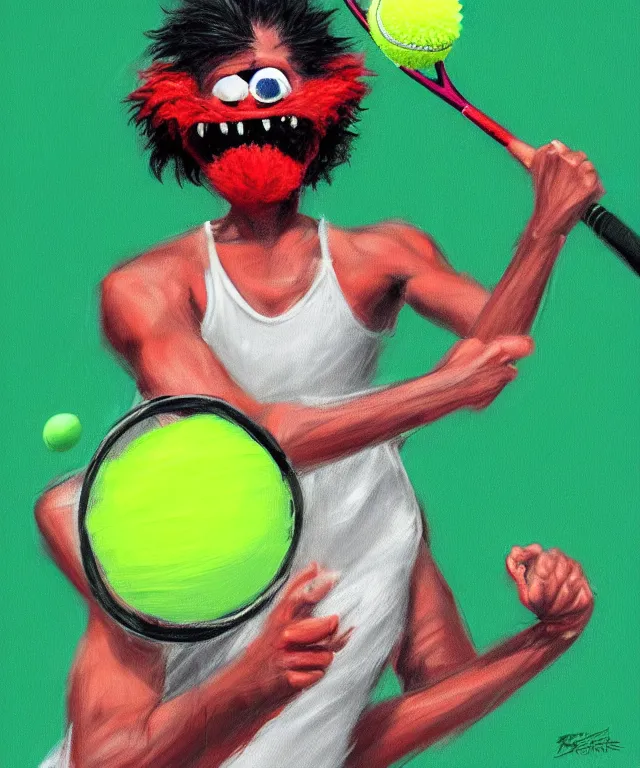 Prompt: a portrait of a tennis ball monster holding a tennis racket on a tennis court, chalk, fantasy, elegant, digital painting, artstation, concept art, matte, sharp focus, illustration, art by basil gogos