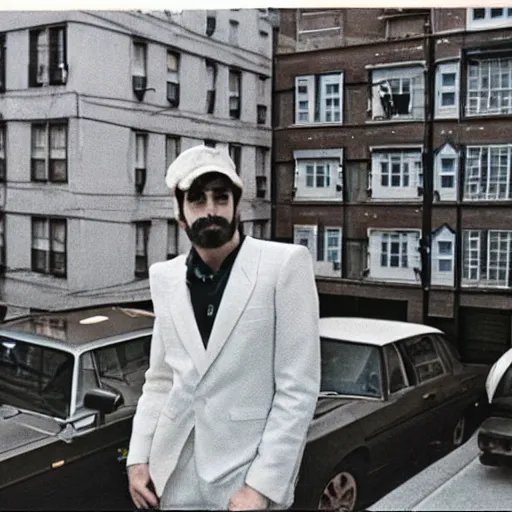 Image similar to a photo from 1 9 8 3 of yosef kavinsky standing in front of his new apartment by wes anderson