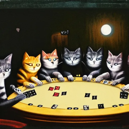 Prompt: a gang of cats playing poker at night