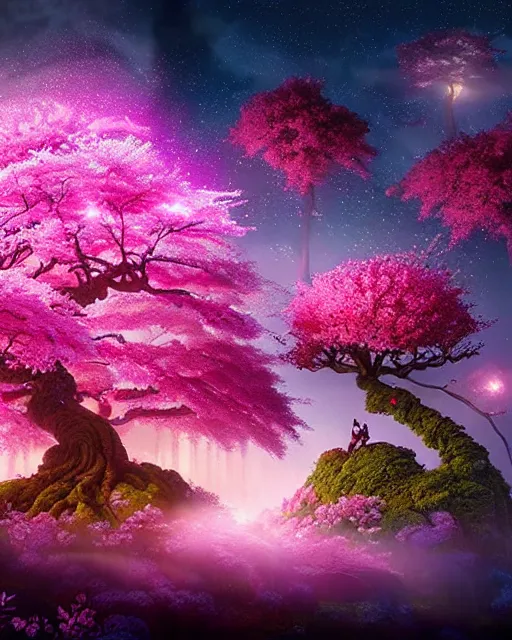 Image similar to highly detailed, stunning image of a heavenly miniuature diorama pink giants cherry blossom trees, stunning tree, ethereal, fairy lights, fireflies lightning glowing everywhere, divine bonsai, matte painting by Jordan Grimmer and Bosch