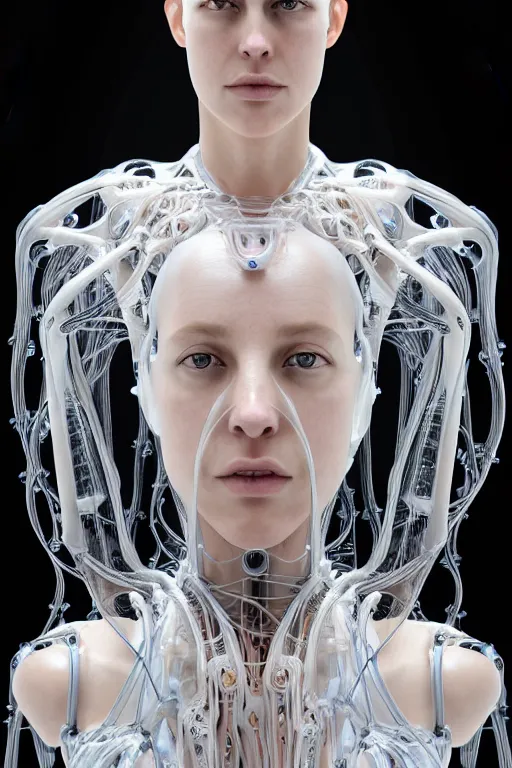 Image similar to iris van herpen, young woman beautiful face, perfect symmetrical body, full body shot, inflateble shapes, wires, tubes, veins, jellyfish, white biomechanical details, wearing epic bionic cyborg implants, masterpiece, intricate, biopunk, vogue, highly detailed, artstation, concept art, cyberpunk, octane render