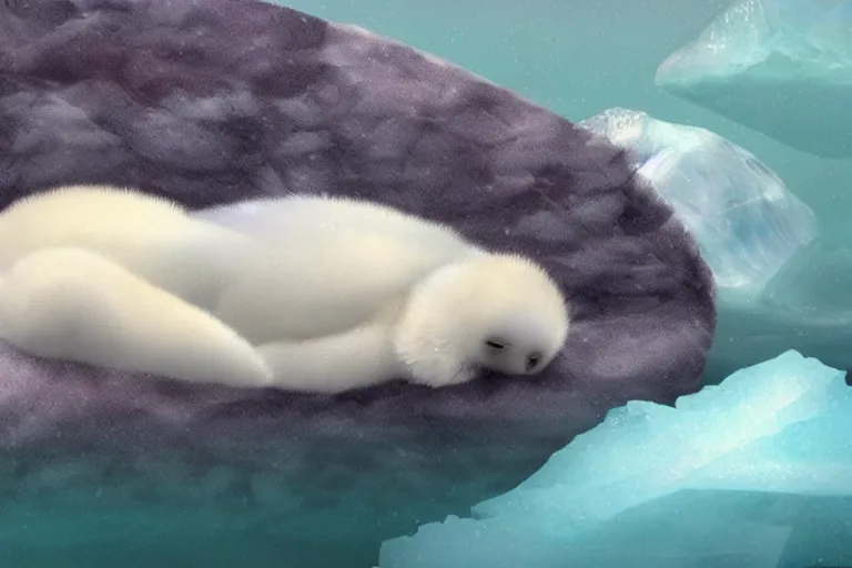 Prompt: a baby harp seal with multicolored feathers and wings, lying on a pile of fish, background of iceberg and glaciers CGsociety