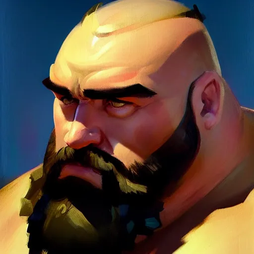 Image similar to Greg Manchess portrait painting of Zangief as Overwatch character, medium shot, asymmetrical, profile picture, Organic Painting, sunny day, Matte Painting, bold shapes, hard edges, street art, trending on artstation, by Huang Guangjian and Gil Elvgren and Sachin Teng