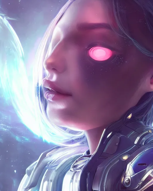 Image similar to perfect android girl on a mothership, warframe armor, beautiful face, scifi, futuristic, galaxy, nebula, bae suzy, dreamy, long white hair, blue cyborg eyes, sharp focus, cinematic lighting, highly detailed, artstation, divine, by gauthier leblanc, kazuya takahashi, huifeng huang