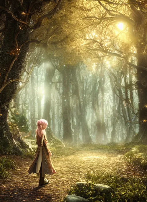 Image similar to magical forest with gold and silver leafs, music, girl with blond long hair back view, elves, lord of the rings style, ultra detailed, trending on artstation, concept art, octane render, unreal engine,