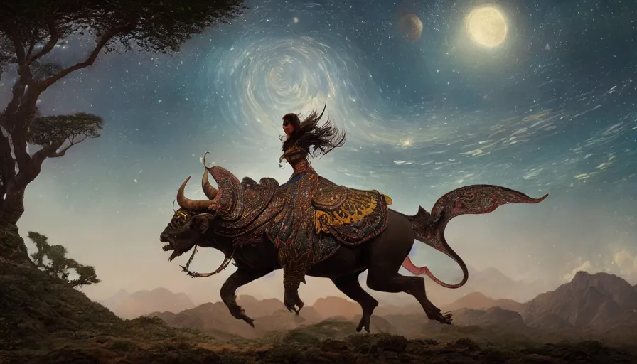 Prompt: a beautiful ornate woman, riding a bull in socotra island with dragon trees, starry night, sharp focus, wide shot, trending on artstation, masterpiece, by greg rutkowski, by ross tran, by fenghua zhong, octane, soft render, ultrarealistic, colorful, cinematic, midsommar