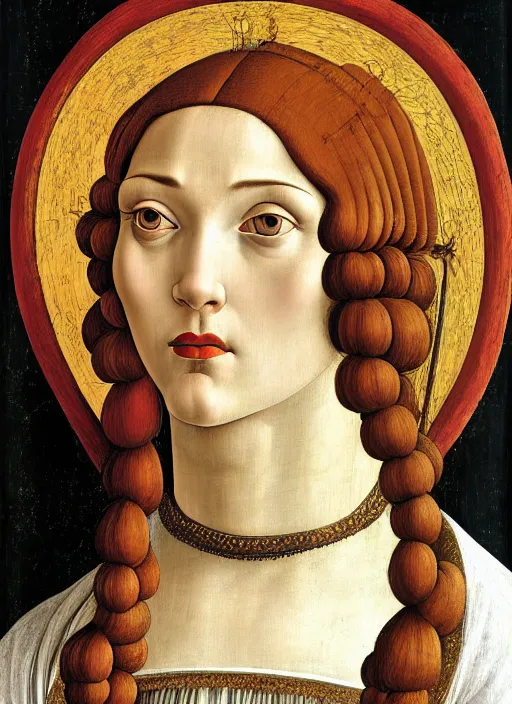 Image similar to portrait of young woman in renaissance dress and renaissance headdress, art by sandro botticelli