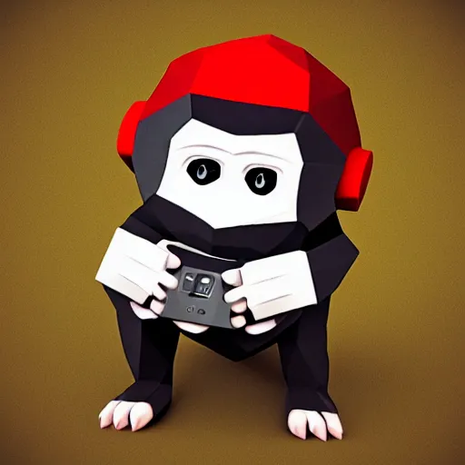 Image similar to isometric cute low - poly monkey using a sony walkman, isometric, cute