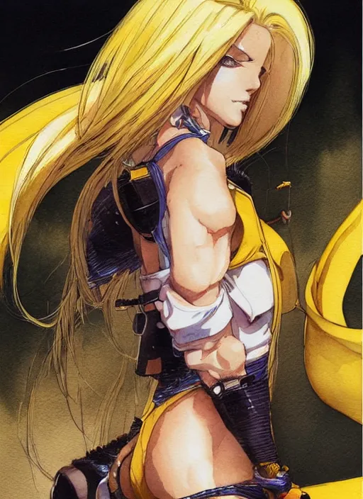 Prompt: Frontal portrait of a very beautiful muscular anime girl with tanned skin and cream colored hair wearing a yellow raincoat, watercolor, digital painting, art by Shirow Masamune Kenichi Sonoda Moebius and Katsuhiro Otomo, very detailed, sharp focus, cyberpunk, high quality, color manga panel, hard shadows