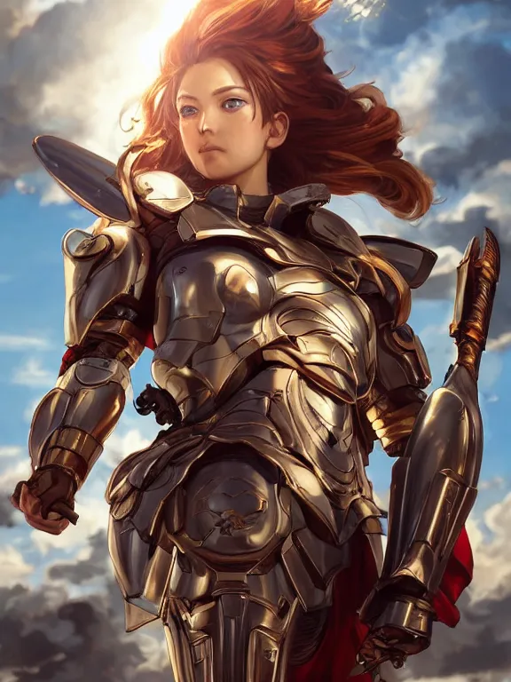 Prompt: picture of fully armored valkyrie, crimson plated, sword and shield, golden wings, divine vibes, light brown hair, white skin, shiny golden eyes, pretty, sky background, sharp focus, highly detailed, cinematic lighting, studio quality, smooth render, unreal engine 5 rendered, octane, rendered, by artgerm, greg rutkowski, alphonse mucha