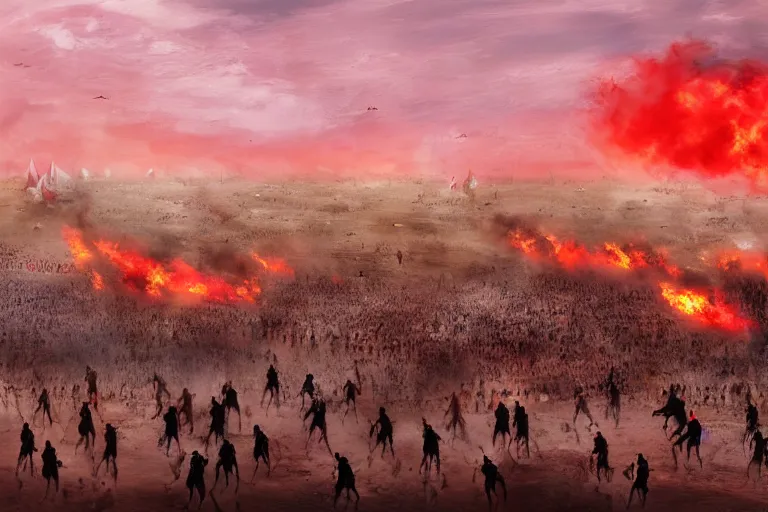 Image similar to karbala battle field, imam hussain, horses and people panicked, red cloudy sky, tents on fire, women running away, photo realistic painting