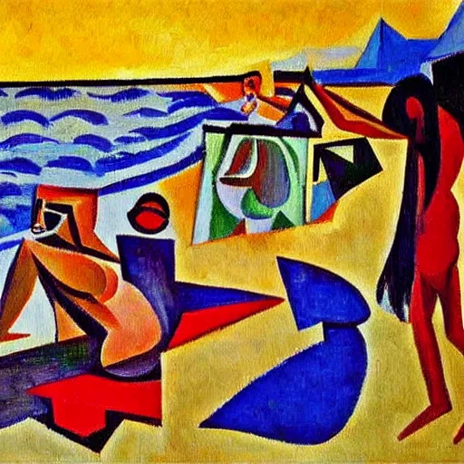Prompt: Stunning post-impressionist painting of a day at the beach by Pablo Picasso