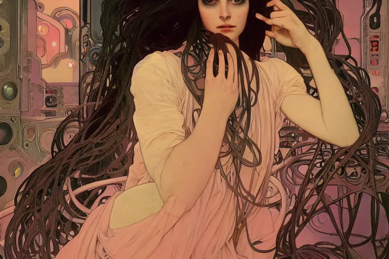 Image similar to symmetric, a dark woman android in a pastel pink dress, in a room full of neural networks and wires and computers, dark sci - fi, ai, 4 k realistic, artem demura. alphonse mucha