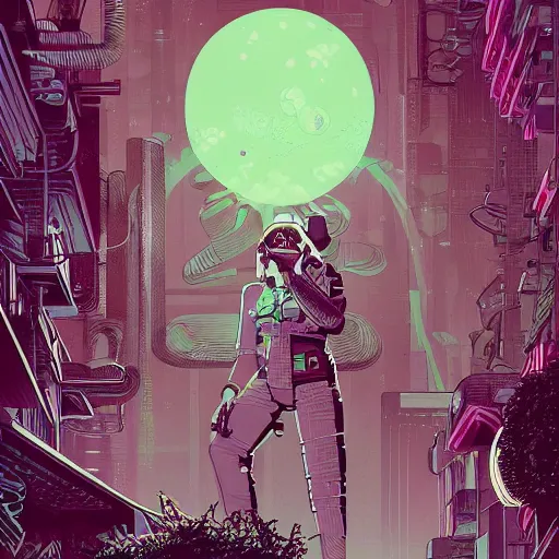 Prompt: Stunningly intricate illustration of single cyberpunk explorer overlooking lush forest, highly detailed, midnight, small glowing orbs by Josan Gonzalez and James Gilleard , Moebius, Laurie Greasley