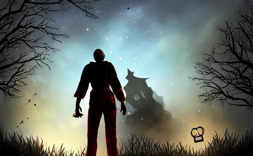 Image similar to view from behind a dead by daylight killer as he reaches up to a night sky, stars are aligning, character portrait, digital art