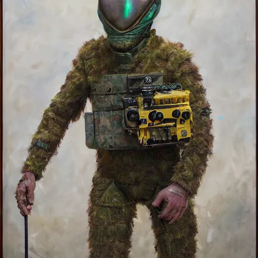 Prompt: portrait of an alien sniper in a ghille suit, oil painting, 8 k, high detailed,