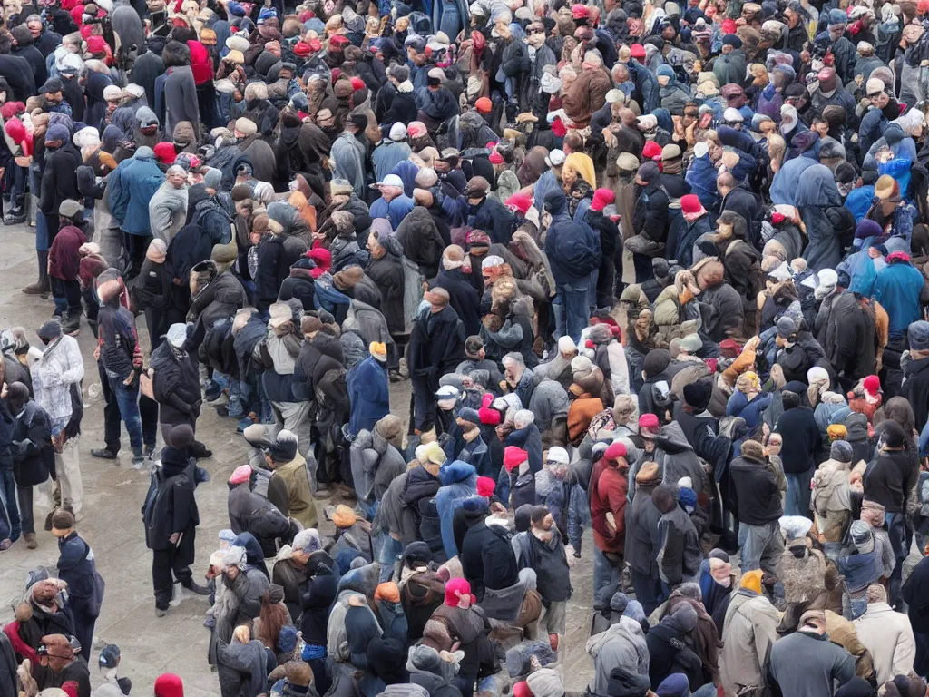 Image similar to People standing in line to put on a hat under armed guard, 4k