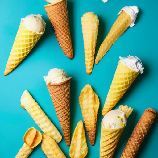 Prompt: ice cream cones and french fries, food photography, studio lighting
