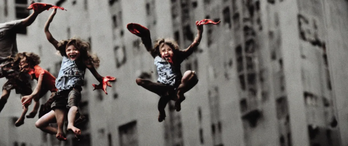 Image similar to filmic extreme close up shot 3 5 mm film color photograph of a family jumping bloody pants off a building laughing with tentacle arms happy, only color results