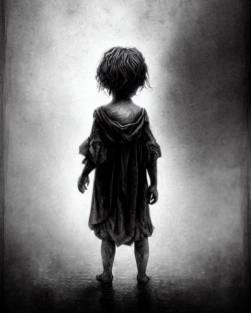 Prompt: creepy child, hopelessness, staring out, black and white, victorian, poor, ultra realistic, concept art, intricate details, horror, cinematic, highly detailed