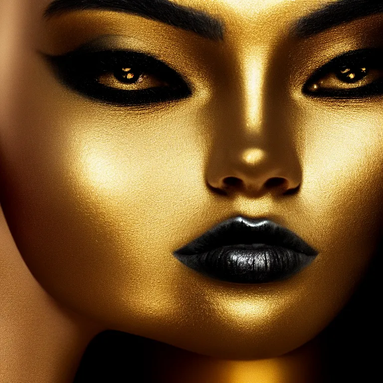 Prompt: a wonderful woman with half face black and half gold, detailed realistic, cinematic, octane rendered