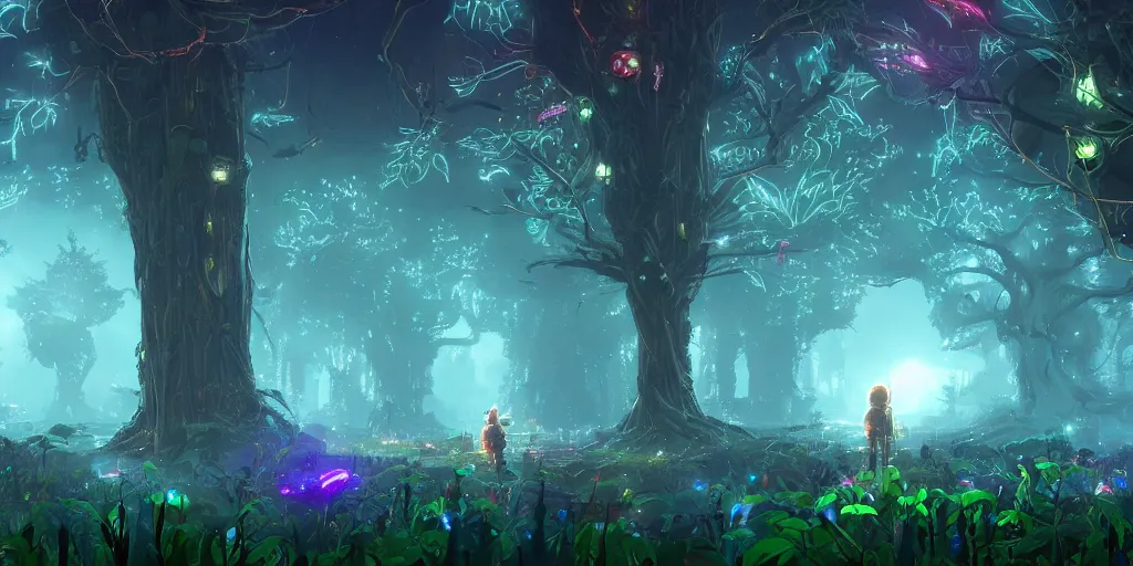 Image similar to huge cybernetic trees and neon cyberpunk lanterns, misty nighttime. radiating rich energy. photorealistic, expansive atmosphere, volumetric shading, holographic, intricate and detailed, vivid colors. aesthetic. ori and the blind forest, breath of the wild style, by miyazaki ghibli!!!. trending on artstation. award winning