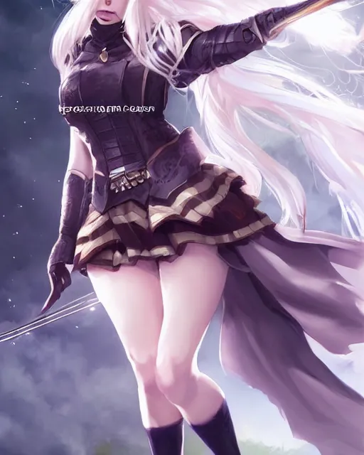 Prompt: The successful warrior is the average man, with laser-like focus, artwork by artgerm, anime, elegant, seductive, long white hair, knee high socks, short plaid skirt, white blouse, full shot, wide-shot, long-shot, fantasy, mystical, magical